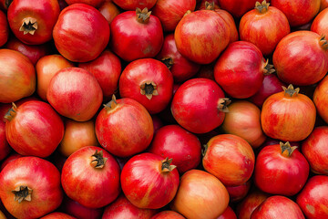 a vibrant assortment of pomegranates in red, orange, and yellow hues, each with a distinctive crown. The pomegranates' natural beauty and variations are highlighted.