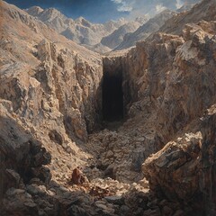 Obraz premium A dramatic landscape featuring a deep crevice surrounded by rugged mountains.