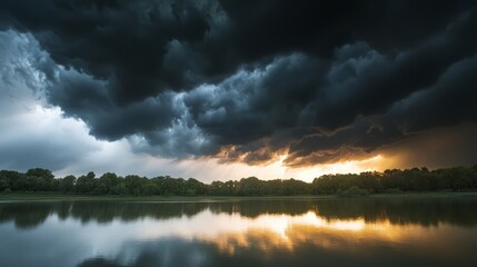 Ethereal Balance: Spectacular Sunset over Serene Lake with Stormy Clouds - Concept of Moral Duality