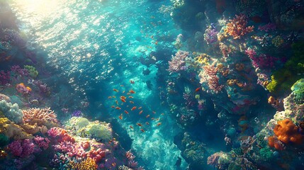 Sunlit Coral Reef with Vibrant Fish and Diverse Coral Formations