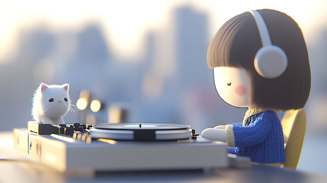 A little girl and her little friend listening to the sound of records.