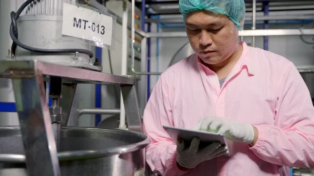 Worker using tablet in beverage factory oversees soda water filling while an engineer ensures precise quality control. Maintaining high industry standards in bottle manufacturing is paramount.