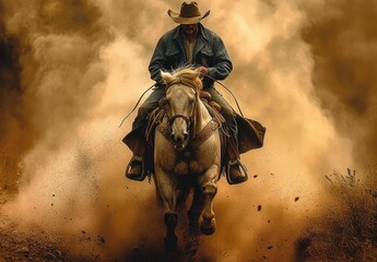 Fototapeta premium Bold cowboy riding through a dusty dark backdrop on a galloping horse