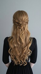Fototapeta premium Elegant Female Back View With Long, Curly Blonde Hair on Gray Background. Generative AI