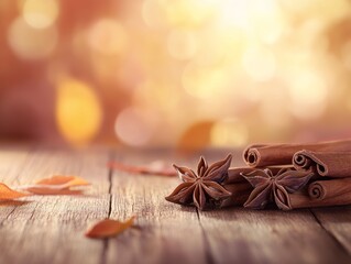.Captivating arrangement of star anise and cinnamon sticks on a wooden surface in warm light. - ai