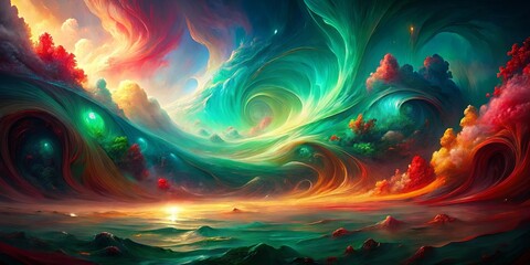 Whimsical Abstract Landscape With Vibrant Hues and Swirling Clouds, A Dreamlike Composition of Color and Form