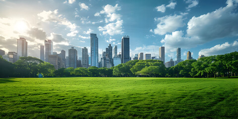 Fototapeta premium A green field with trees and a city in the background