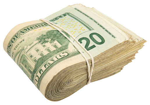 20$ bills. Stack of twenty American bills. Cash wad roll. Money rolled in half with rubber band. Green USA bank notes. USD banking saving. Paper money note. Business success. Rich. Isolated background