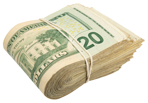 20$ bills. Stack of twenty American bills. Cash wad roll. Money rolled in half with rubber band. Green USA bank notes. USD banking saving. Paper money note. Business success. Rich. Isolated background