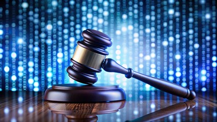 Close up of judge gavel with binary code bokeh background, judge, gavel, binary code, technology, law, legal, court