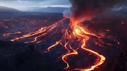 Aerial View of a Volcano Erupting with Lava Flowing Down its Sides