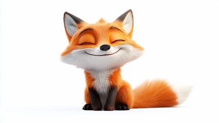 Obraz premium Adorable cartoon fox with closed eyes smiling against a white background.