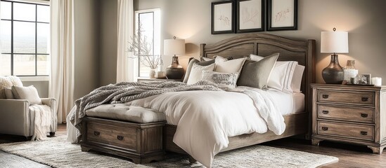 A cozy bedroom with a large bed,  plush pillows, and a blanket.  There are lamps, a nightstand, and a chair near a window.