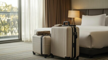 Travel Suitcases and Accessories Resting in a Stylish Hotel Room. Generative AI