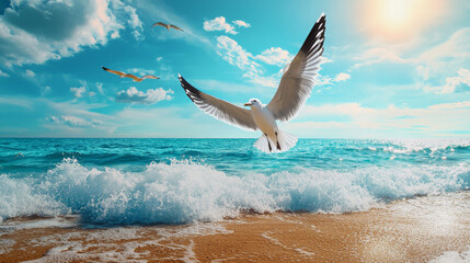 Fototapeta premium Seagull Soaring Over the Beach in Clear Blue Sky