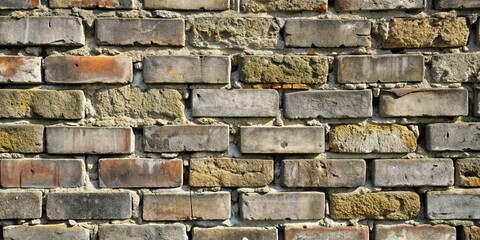 Naklejka premium A Weathered Brick Wall With Varied Hues And Mortar Lines, Showcasing The Rugged Beauty Of Time