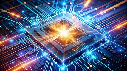 A central processing unit ignites with a burst of digital energy, illuminating the intricate circuitry of a high-tech motherboard