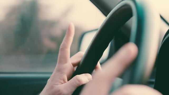 Driver Tapping Rhythm on Steering Wheel | Traffic Wait Music Moment | Car Interior Focus on Hands | Urban Commute Entertainment Scene