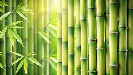 Obraz premium A vibrant close-up of a lush bamboo grove, showcasing the intricate details of the stems and leaves, bathed in warm sunlight.