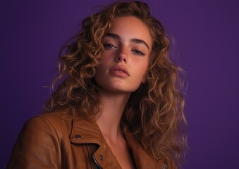 Fototapeta premium Attractive curly-haired woman, wearing a brown top, looking back at the camera, isolated on a dark purple background. This high-resolution photograph shows detailed skin and studio lighting. 