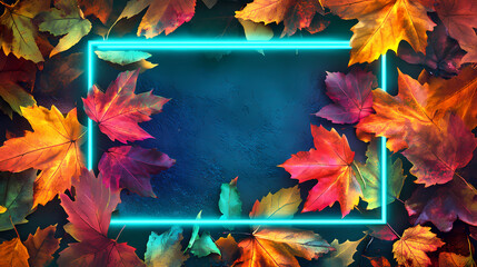Artistic autumn banner with vibrant fall leaves in a blue and green neon frame. Neon. Illustration