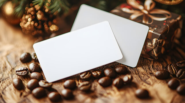 Two white cards with a brown background and a pile of coffee beans