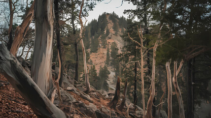 Fototapeta premium Serene forest landscape featuring twisted trees and rocky terrain, leading up to a majestic cliff, showcasing the beauty of nature in a tranquil outdoor setting.