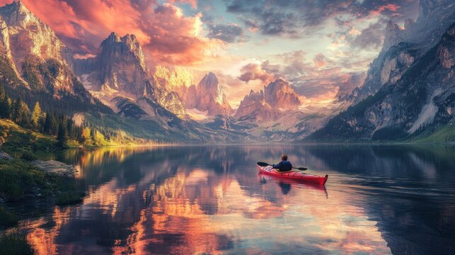 A lone kayaker paddles across a serene lake surrounded by majestic mountains under a dramatic sunrise sky.
