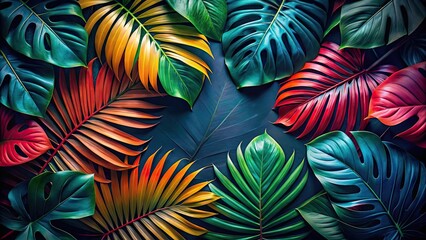 Vibrant tropical leaves on a dark background, Tropical, Leaves, Jungle, Exotic, Foliage, Botanical, Lush, Vibrant, Green, Dark
