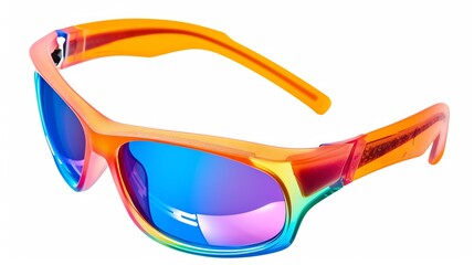 Sporty wraparound sunglasses with tinted lenses, vibrant summer colors, isolated on white background, highresolution, dynamic and active look, closeup shot