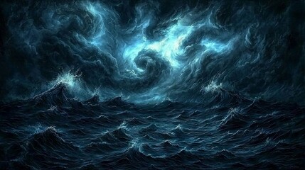 Obraz premium A dramatic depiction of turbulent ocean waves under a stormy sky.