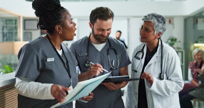Tablet, group and doctor with nurses for discussion, planning or help interns in hospital. Technology, medical team and people talk to happy surgeon for training, meeting and healthcare for wellness