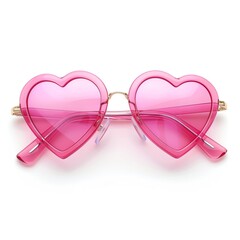 Heartshaped sunglasses with pink lenses, playful summer design, isolated on white background, highresolution, fun and trendy, detailed textures