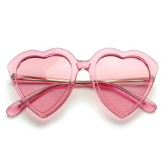 Heartshaped sunglasses with pink lenses, playful summer design, isolated on white background, highresolution, fun and trendy, detailed textures
