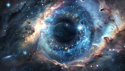A huge blue eye with an empty black center is in space, surrounded by galaxies and stars.