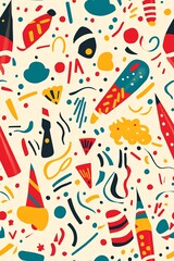 Obraz premium Playful new year celebration motifs pattern, miniature party elements, confetti poppers, happy clouds, cheerful design