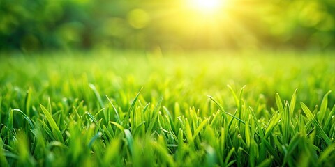 Obraz premium Close-up side view of a green lush lawn background, perfect for a natural wallpaper or summer season theme, green