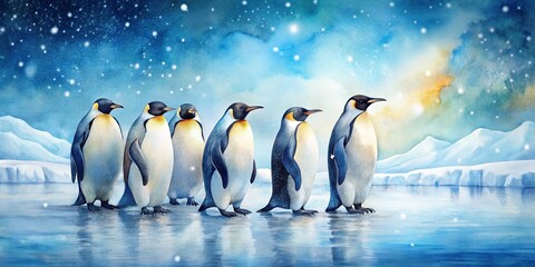 Obraz premium Watercolor of penguins on a snowy winter background by the water , penguins, winter, watercolor,snowy, background, cold