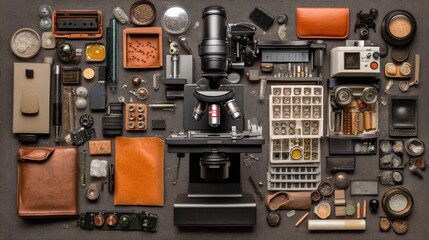 Fototapeta premium Vintage Lab Equipment and Study Materials Layout