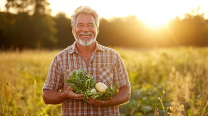 Joyful Farmer in Open Field with Fresh Produce