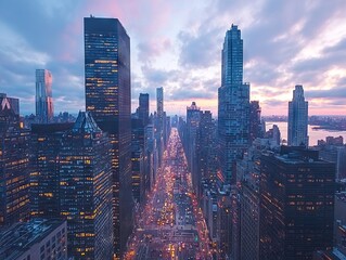 Obraz premium A stunning cityscape at dusk showcasing skyscrapers and vibrant streets.