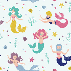 Transgender Mermaid seamless pattern. Background with colorful ocean elements.