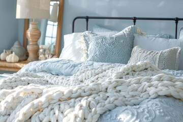 A close up shot of the plush, white knit blanket on an elegant bed with soft pillows and a vintage bedside lamp in a bedroom decorated in light blue tones