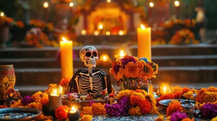 Obraz premium A captivating scene of Day of the Dead sugar skeletons in San Miguel De Allende, with colorful designs and festive decorations, embodying the lively spirit of the celebration
