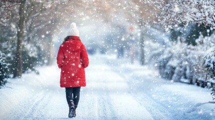 A young person in a red jacket walks through softly falling snow in a peaceful winter landscape