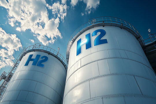 large industrial storage tanks. "H2" written on it, indicating it stores hydrogen gas. The tanks are white, equipped with ladders and railings, and are set against a blue sky with scattered clouds.