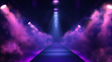 Detailed illustration of long podium perspective illuminated with color floodlights, neon lamps glowing in smoke, a catwalk design, with purple lights on a black background. Neon. Illustration