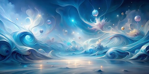 A Serene Dreamscape with Whimsical Blue Waves, Shimmering Stars, and Floating Orbs