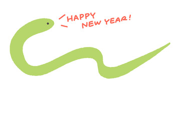 手描きのシンプルで可愛いヘビのイラスト　年賀状素材　happy new year 