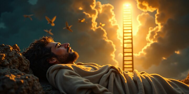 Bible story, Jacob&rsquo;s Dream of a Ladder to Heaven, Jacob lying asleep on a rock, with a golden ladder extending to heaven, angels ascending and descending.